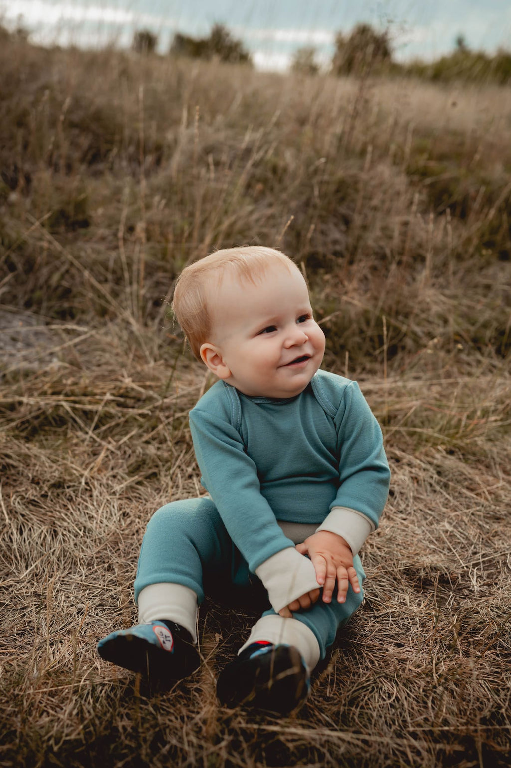 Set body a kalhoty  z merino vlny - modro-krémový